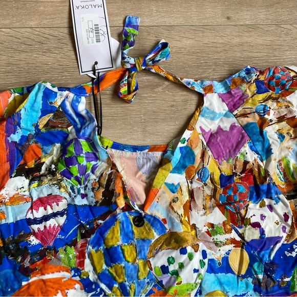 NWT Maloka Dress montgolfière artsy hot air balloon print flutter sleeve Viscose - Picture 11 of 15